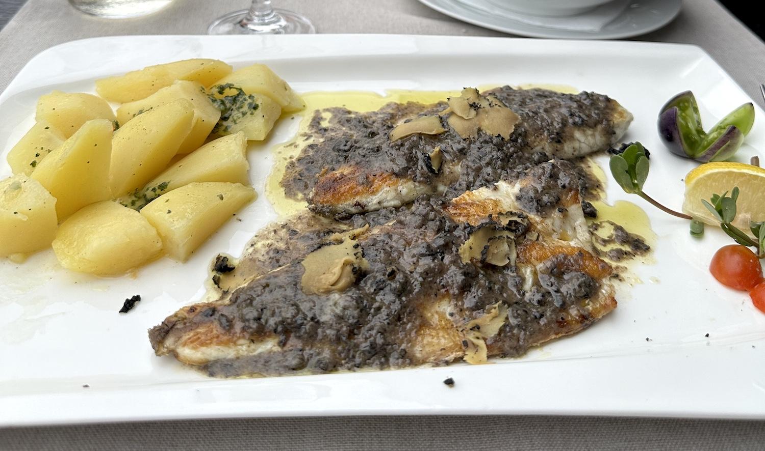 Grilled fish with white truffle olive oil sauce