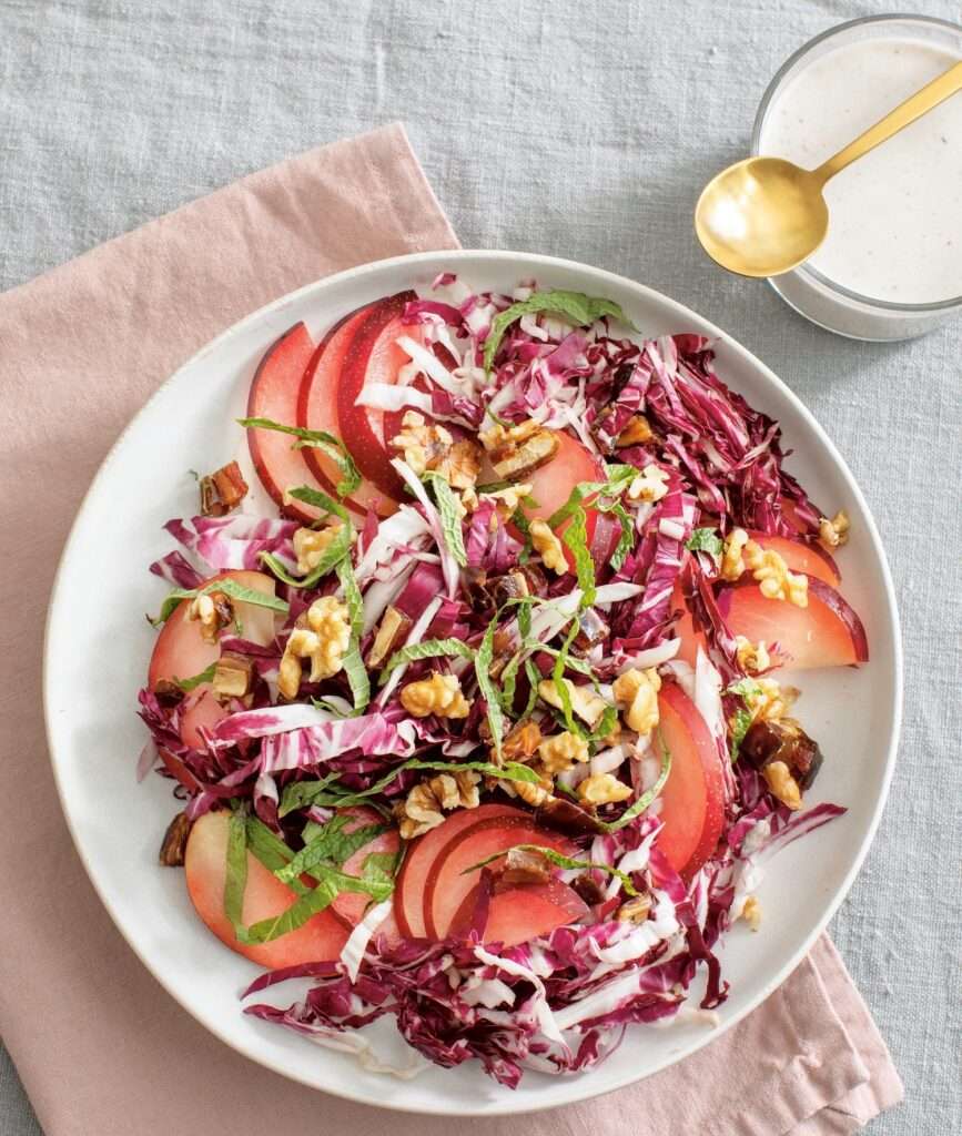 Plum and Radicchio Salad with Tahini Yogurt Dressing