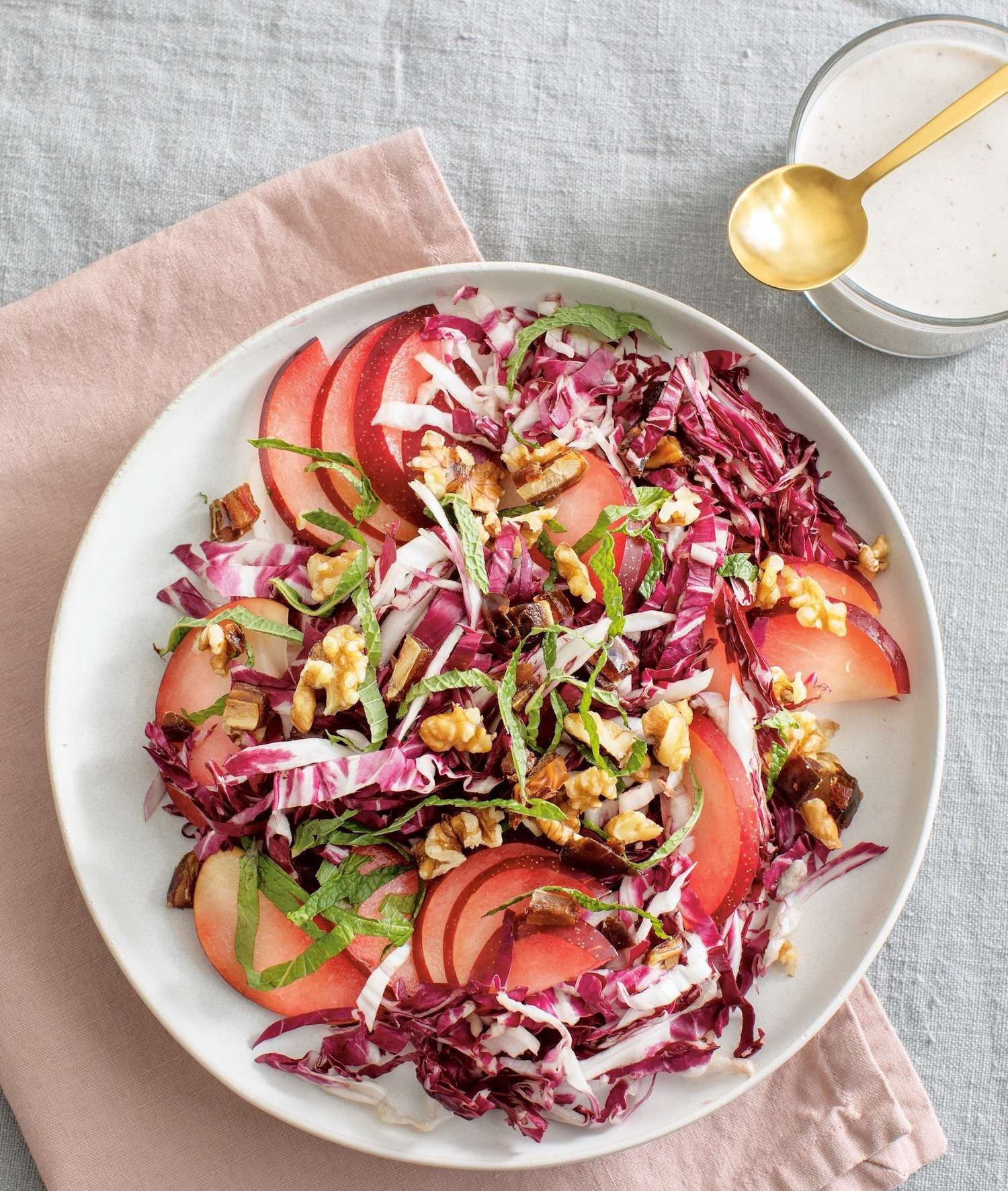 Plum and Radicchio Salad with Tahini Yogurt Dressing